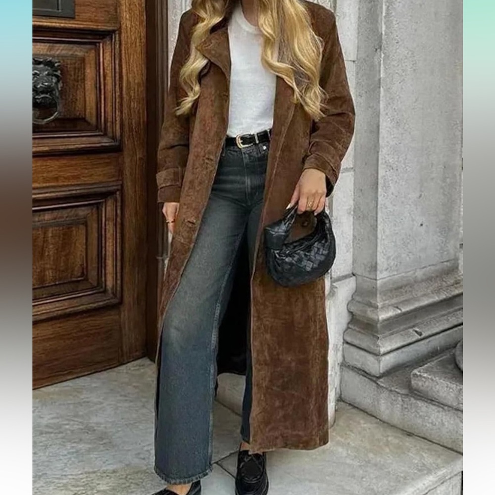 Faux Suede Trench Coat Women 2025 Fall Winter Y2k Long Pea Coat with Belt